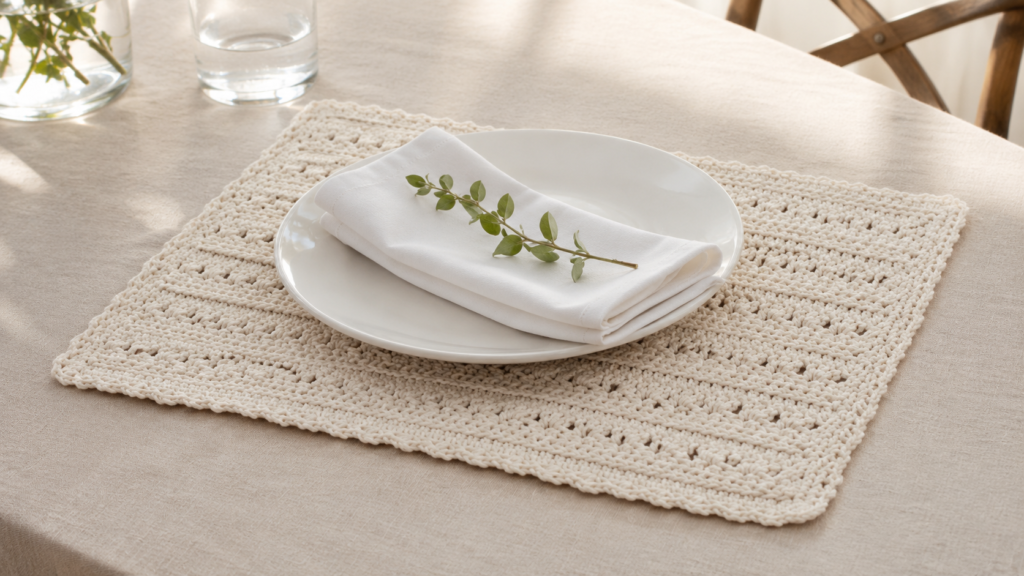 Ivory rectangular crochet placemat with raised openwork texture beneath a white plate