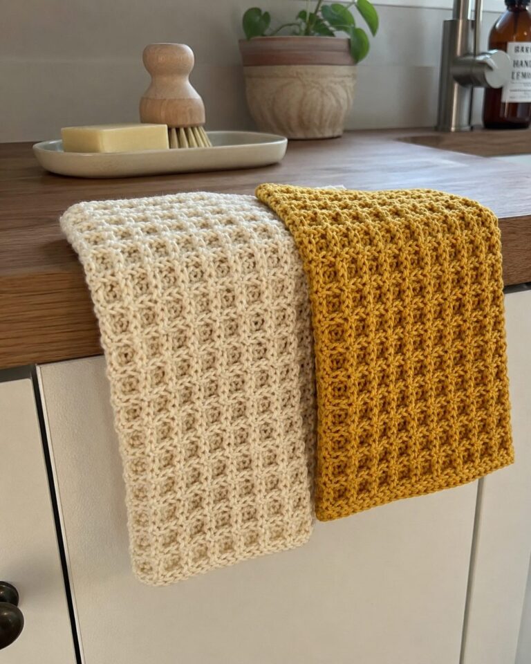 Two handmade waffle-stitch crochet dish towels in cream and mustard cotton draped over a kitchen counter edge beside a wooden soap dish, real kitchen setting