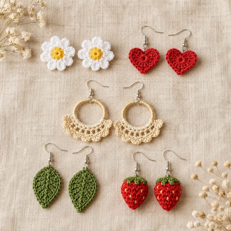 Crochet earring patterns, five finished pairs on linen: daisy studs, red hearts, lace hoops, leaf drops and tiny strawberries