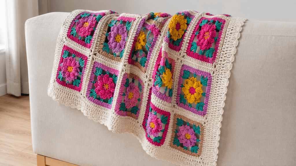 Crochet throw made from bright floral granny squares with a cream border