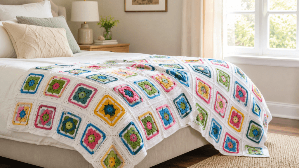 White blanket assembled from colorful floral granny squares