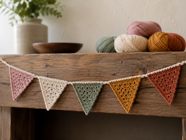 Handmade crochet bunting garland with colorful triangle flags draped over a wooden mantel
