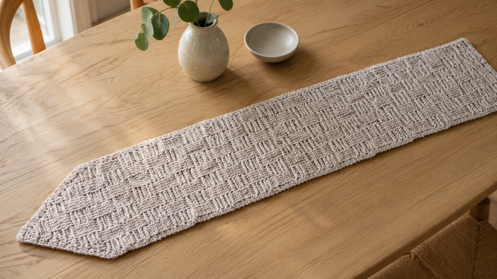 Oatmeal crochet table runner with repeating raised geometric slots