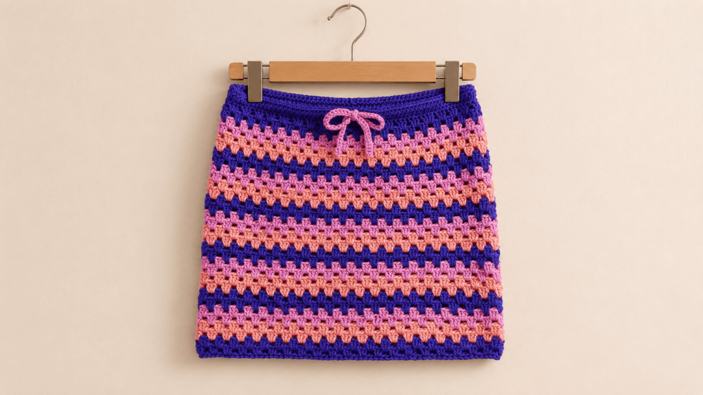 Purple, pink, and coral striped crochet skirt with a drawstring bow