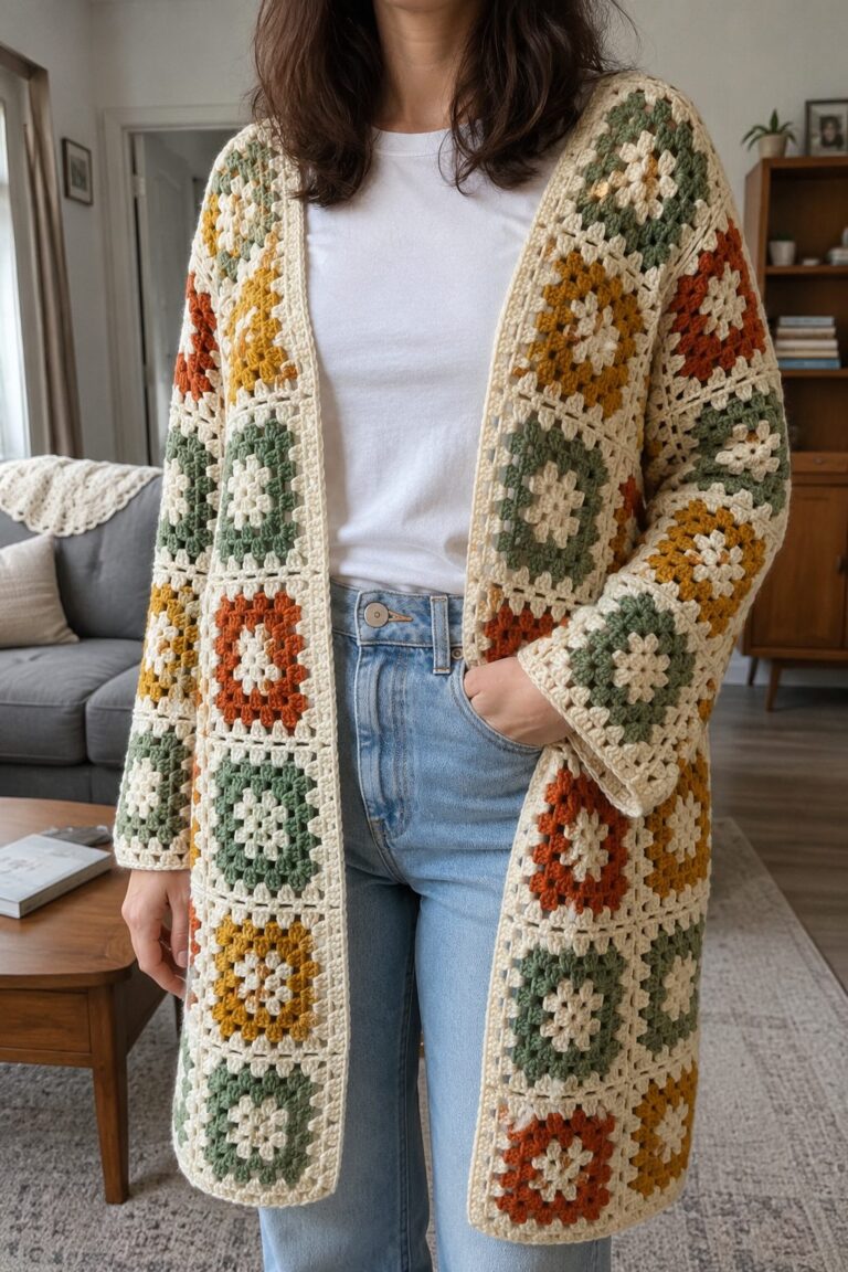 Woman wearing a handmade long granny square crochet cardigan open over a white t-shirt, with squares in sage green, mustard, rust and cream, in a real living room