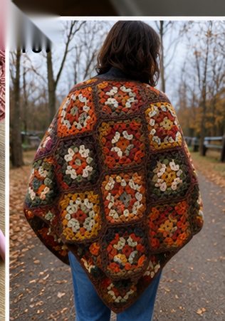 Person wearing a crochet poncho made of joined granny squares in autumn oranges, browns and creams over jeans, seen from behind on a forest path