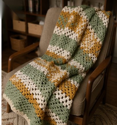 Handmade crochet granny stripe blanket in sage green, cream and mustard rows draped over a fabric armchair