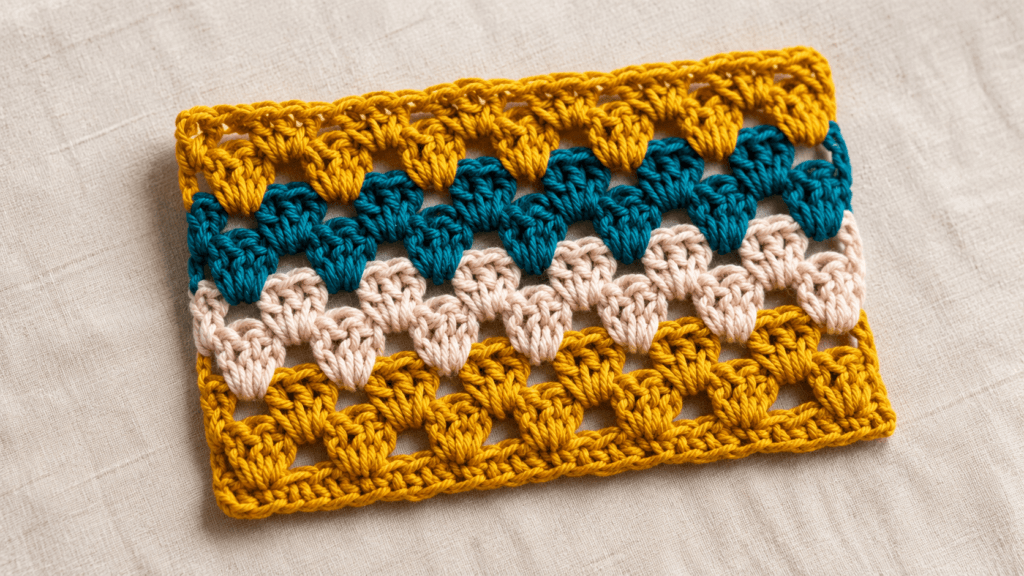 Crochet swatch with mustard, teal, cream, and openwork cluster rows