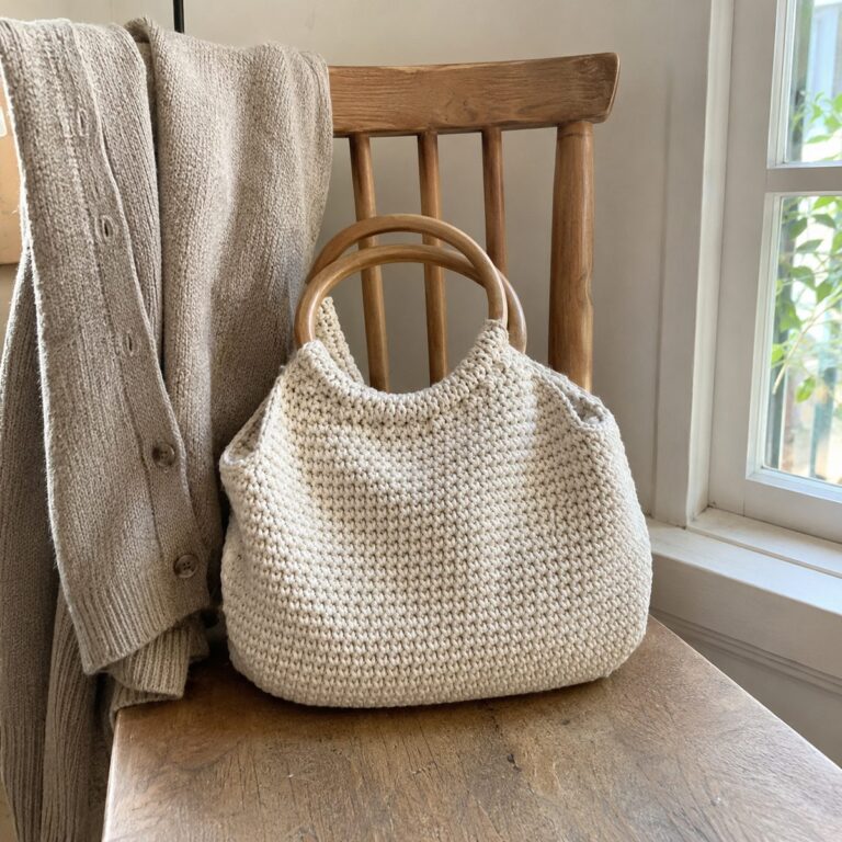 Handmade cream crochet handbag with round wooden handles sitting on a wooden chair beside a soft cardigan, natural window light
