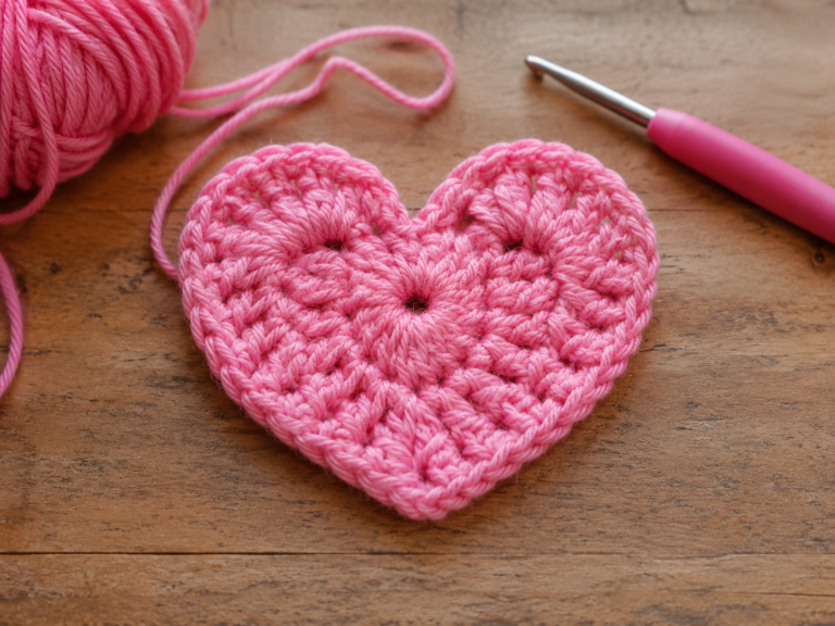 Single pink crocheted heart motif with yarn and hook
