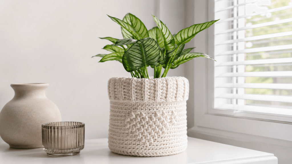 Ivory crochet plant-pot cover with vertical panels and a central textured motif