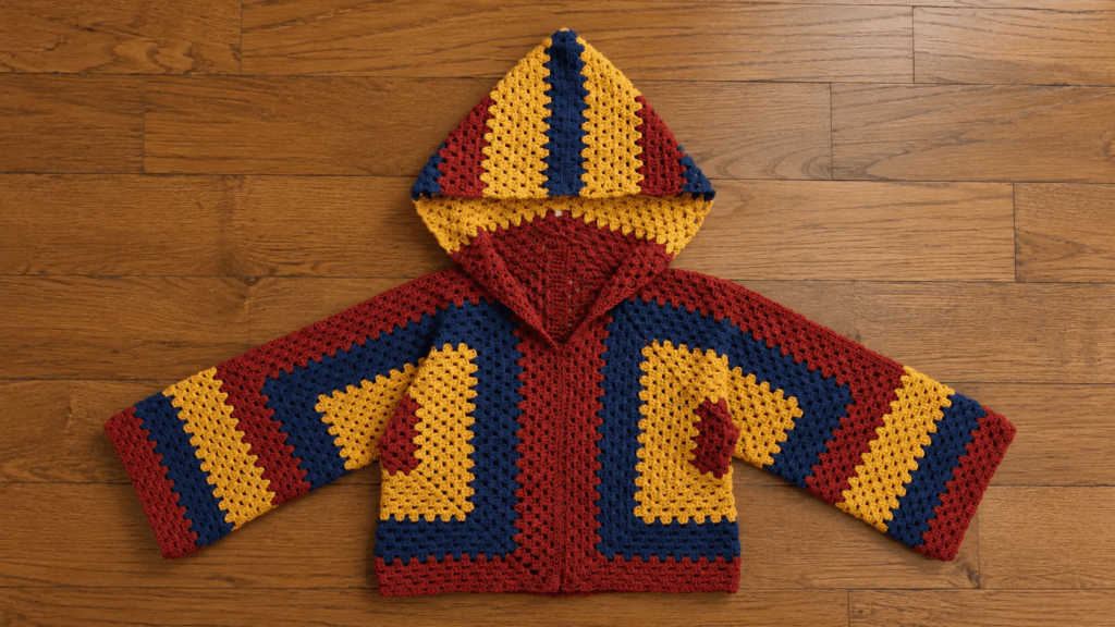 Brick red, mustard, and navy striped hooded crochet cardigan laid flat