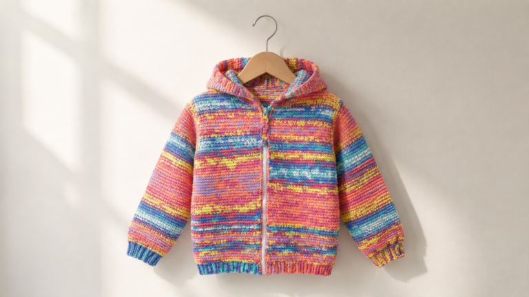 Colorful handmade crochet zip-front hoodie on a hanger