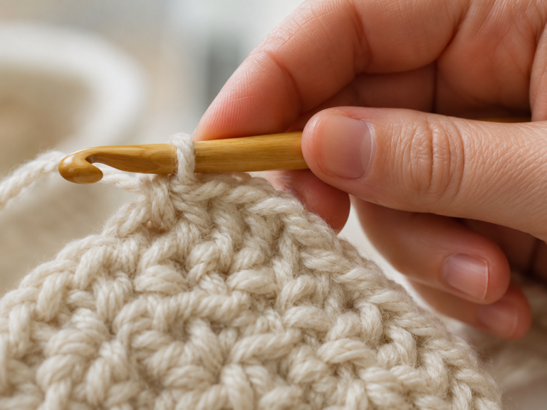 Hand holding a wooden crochet hook mid-stitch, hook curve clearly visible