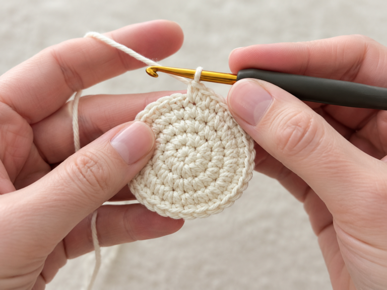 Hands crocheting a small flat circle in the round with a crochet hook, showing the spiral increase pattern