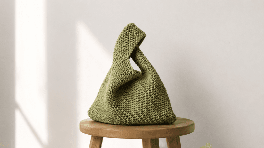 Olive green textured crochet knot bag with a tall loop handle