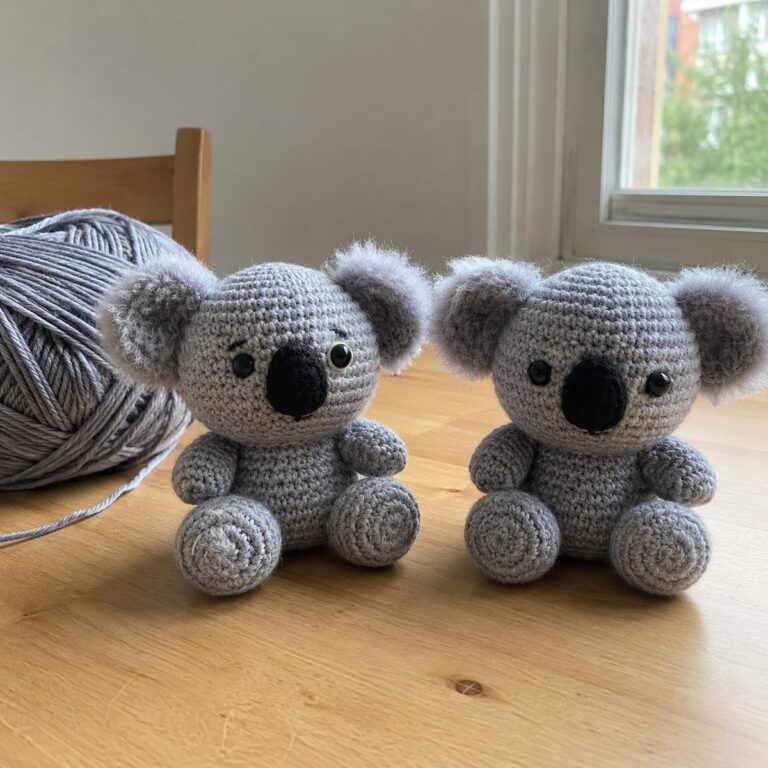 Two handmade grey crochet koala amigurumi with fuzzy ears and safety eyes sitting side by side on a wooden table next to a ball of grey yarn