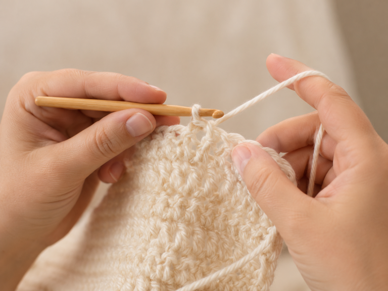 Close-up of a left-handed crocheter holding the hook in their left hand and tensioning yarn with their right hand