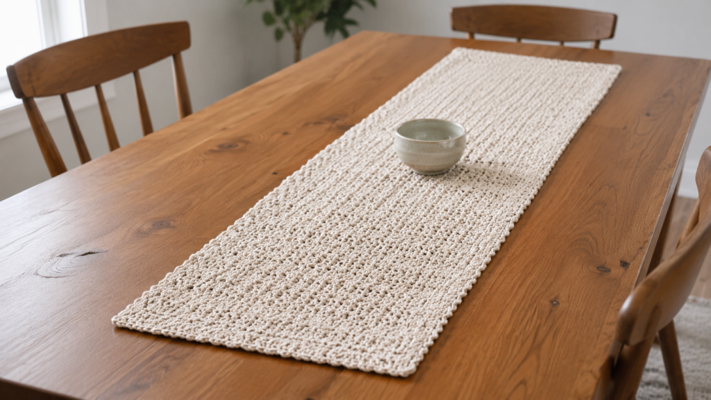 Ivory textured crochet table runner on a wooden table