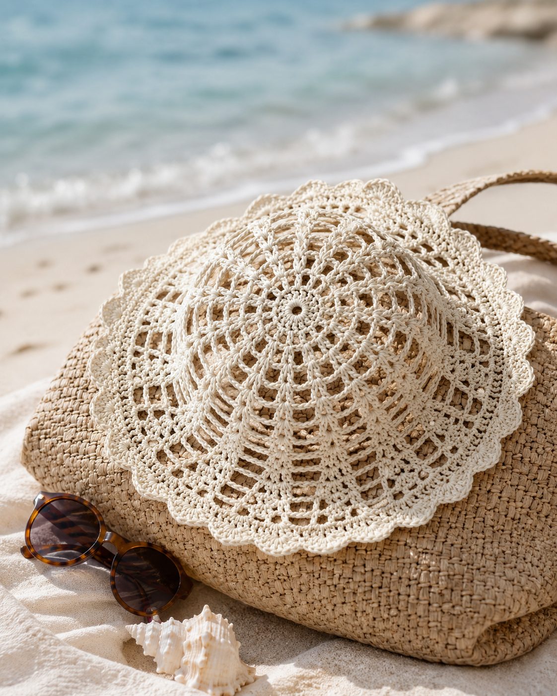 Finished crochet mesh hat styled on a straw beach bag with sunglasses