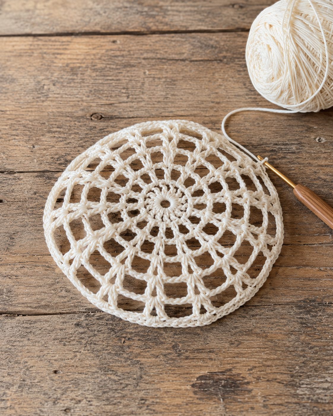 Open lace crown of the mesh hat lying flat after the first increase rounds