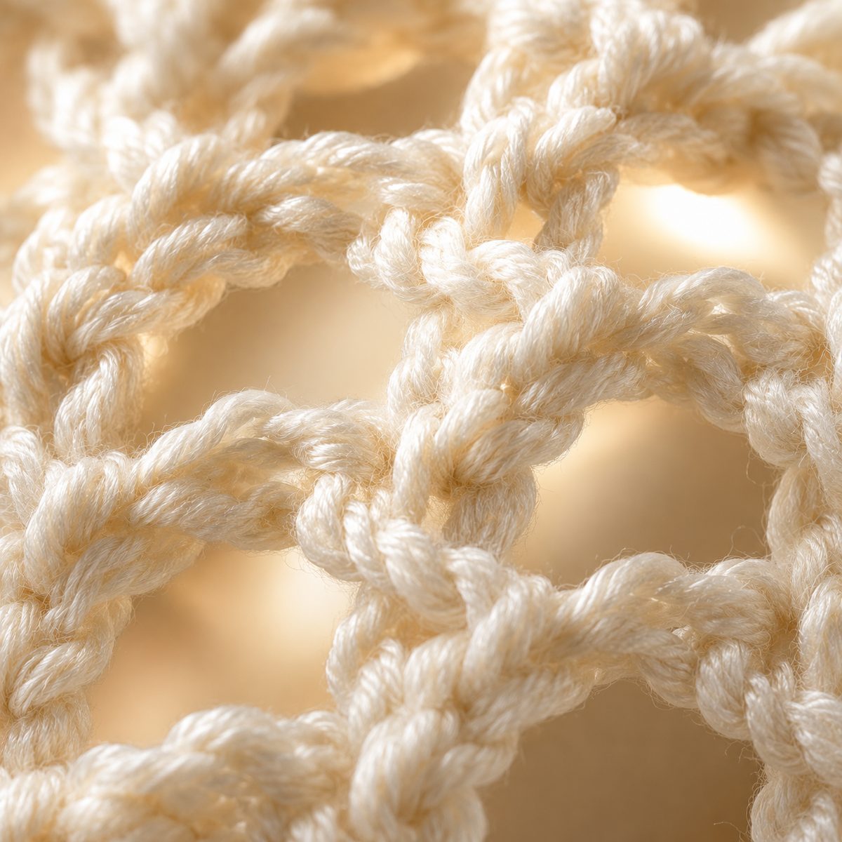 Close-up of the open lattice windows of the mesh hat in cream cotton