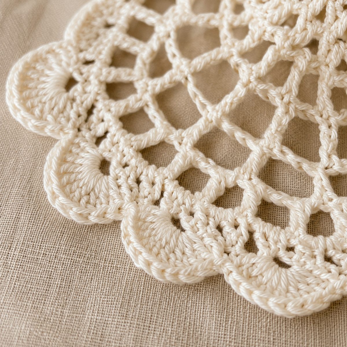 Flared brim of the crochet mesh hat with 5-double-crochet scallop shells