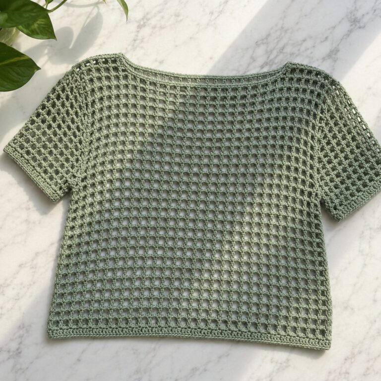 Crochet mesh top in sage green cotton lying flat on marble, boxy tee of open square mesh with solid neck and hem bands