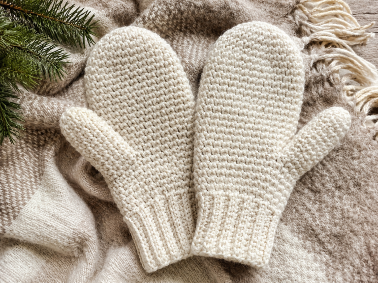Finished pair of cream crochet mittens with ribbed cuffs and visible thumbs