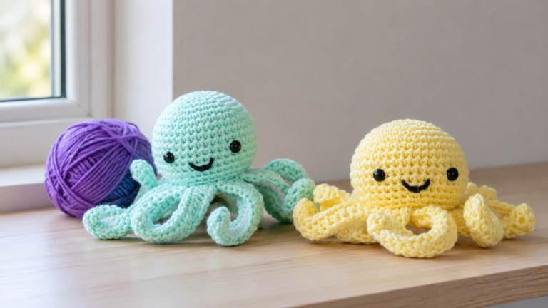 Two handmade crocheted octopus figures beside a ball of yarn