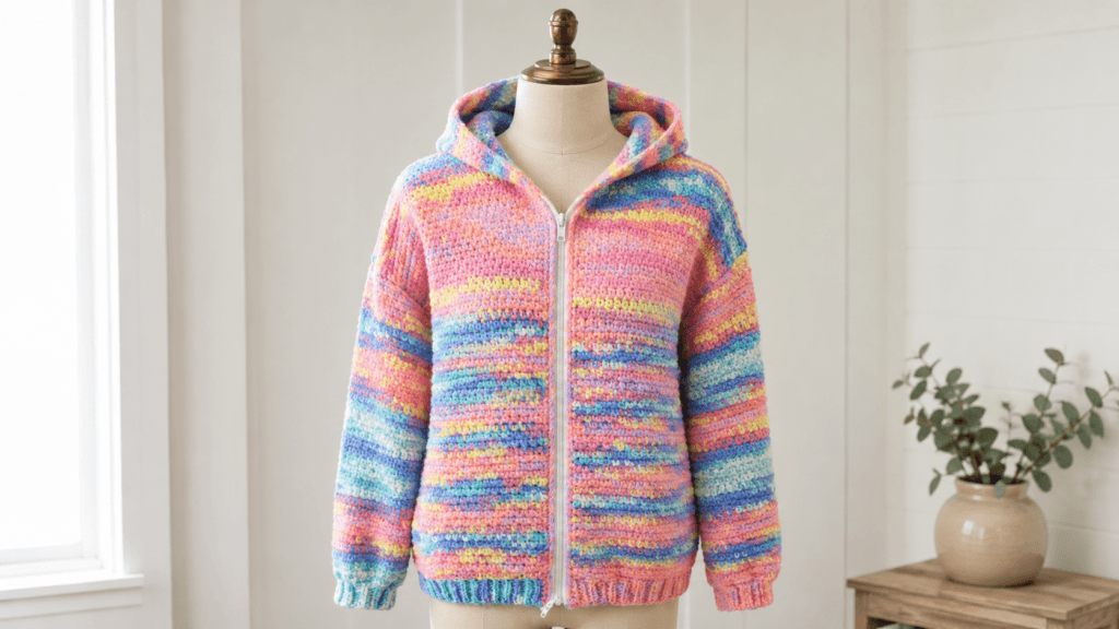 Rainbow pastel crocheted zip front hoodie on a dress form