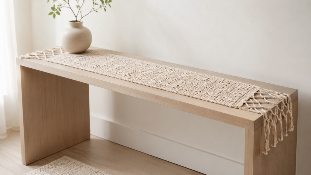 Natural cream lace crochet runner with diamond openwork and fringe