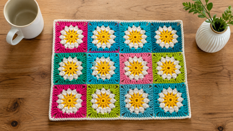 Colorful daisy granny-square crochet placemat on a wooden table