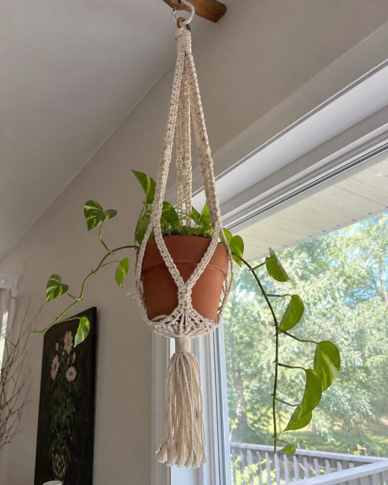 Handmade cream crochet plant hanger in macrame style holding a terracotta pot with a trailing pothos, hanging from a wooden ceiling beam by a bright window