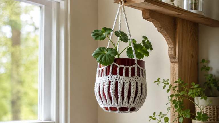 White crocheted cover around a red hanging plant pot
