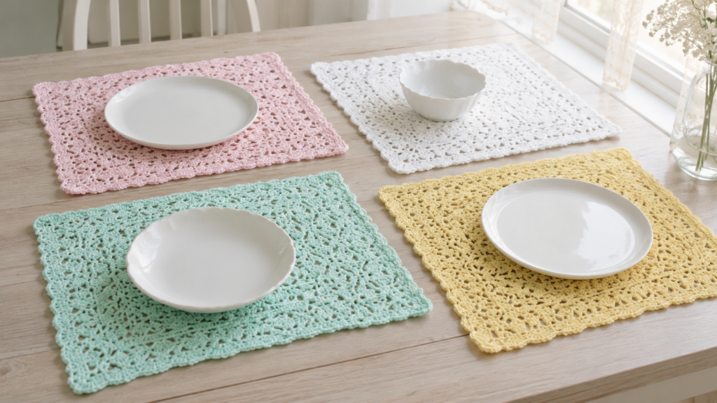 Set of pale pink, white, mint, and soft yellow rectangular lace crochet placemats