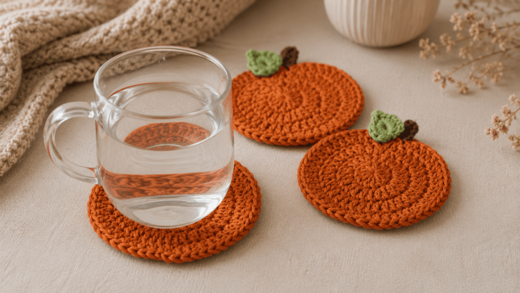 Round orange crochet coasters with green leaf and brown stem details