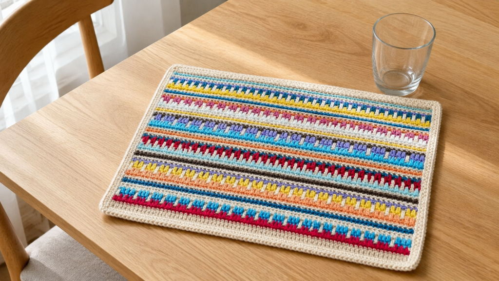 Cream-bordered crochet table mat with colorful raised rows