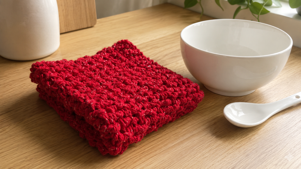 Deep red crocheted dishcloth with dense textured stitches beside a white bowl
