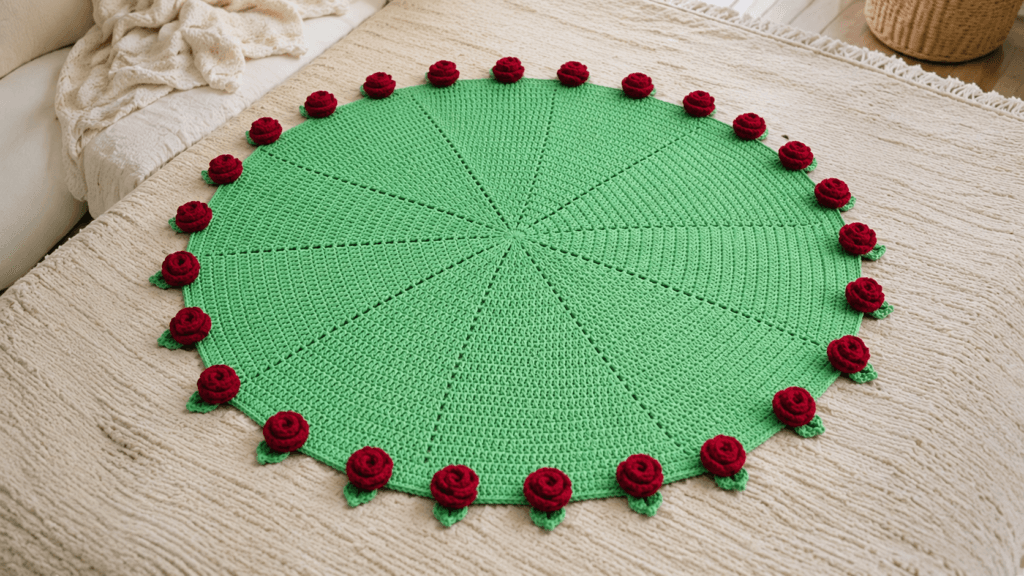 Round mint crochet blanket with raised dark red rose motifs
