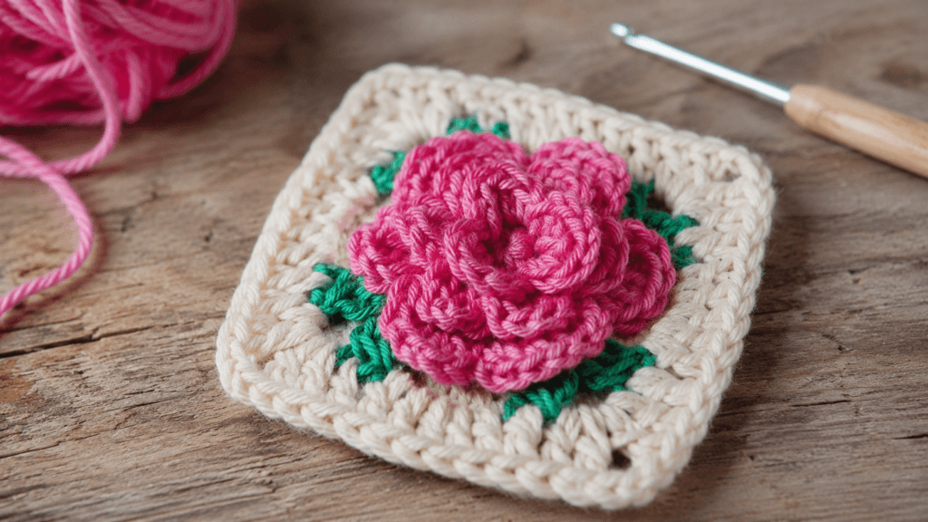 Fuchsia layered crochet rose with green leaves inside a cream granny square