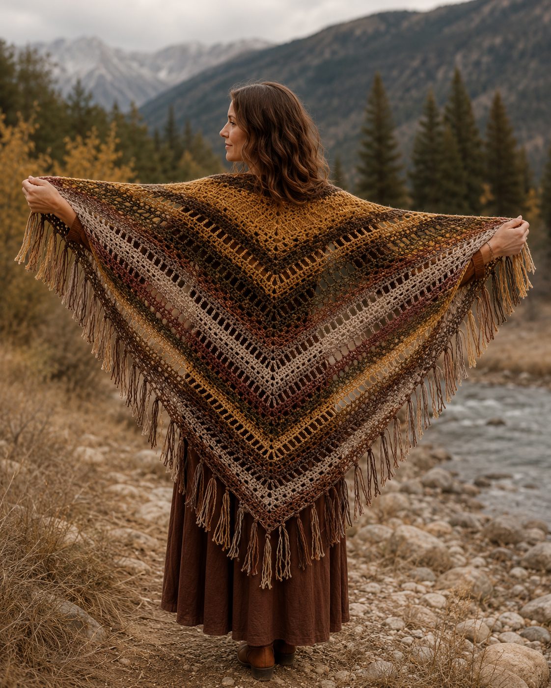 Triangular crochet shawl in autumn golds, rust and cream with long fringe, held open across the shoulders outdoors
