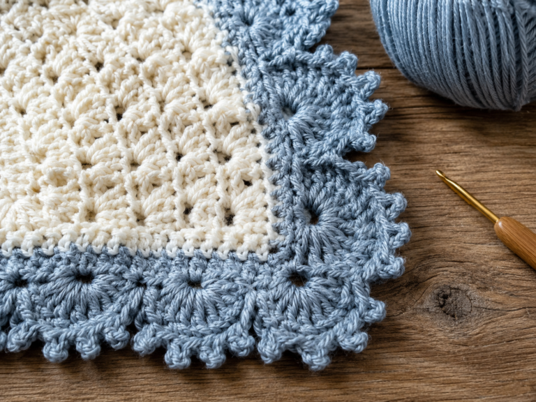Finished crochet shell-stitch border with picot detail in blue and cream