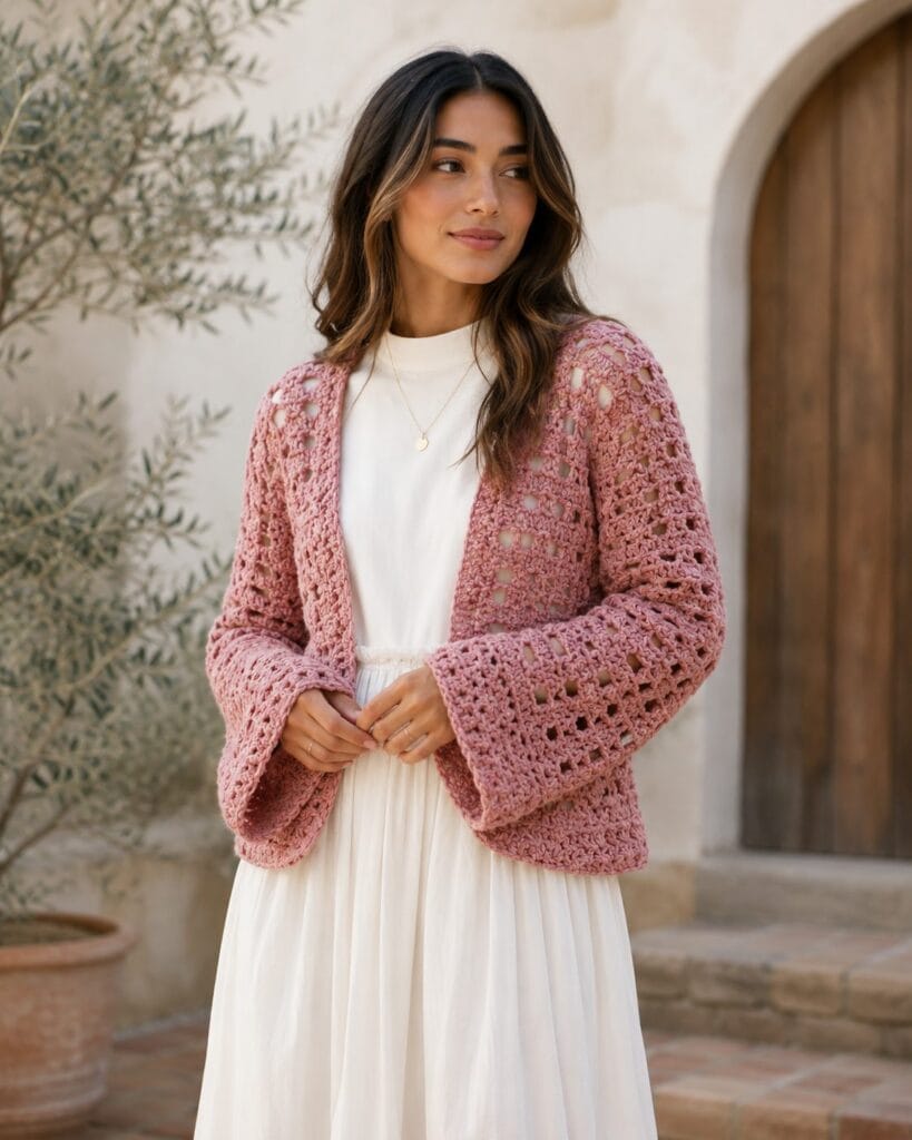 Dusty pink crochet shrug with openwork stitches and wide bell sleeves worn over a cream dress