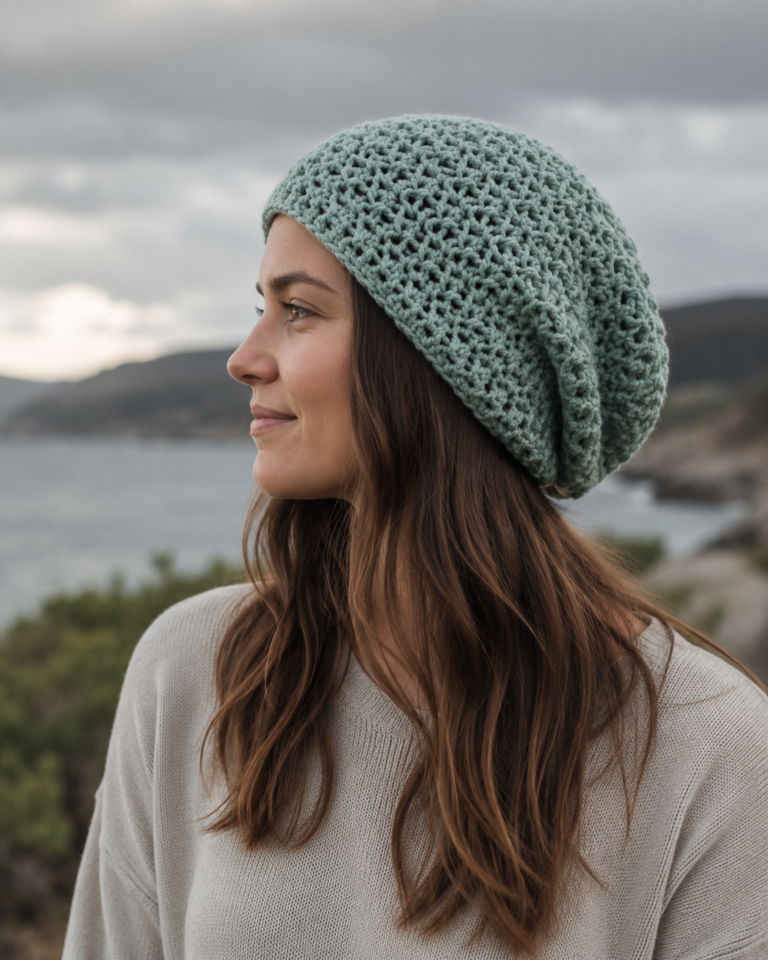 Person wearing a sage green crochet slouchy beanie