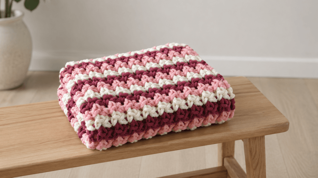 Folded chunky crochet throw with blush pink, burgundy, and white stripes