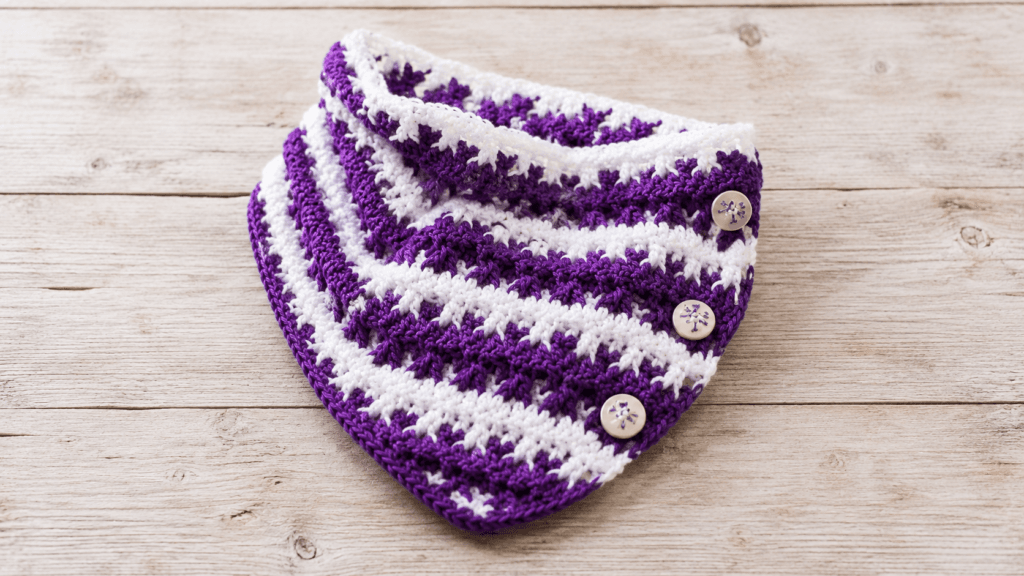 Purple and white zigzag textured crochet cowl with pale button details