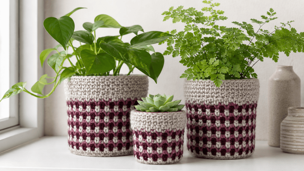 Gray, cream, burgundy, and mauve crocheted plant covers holding houseplants