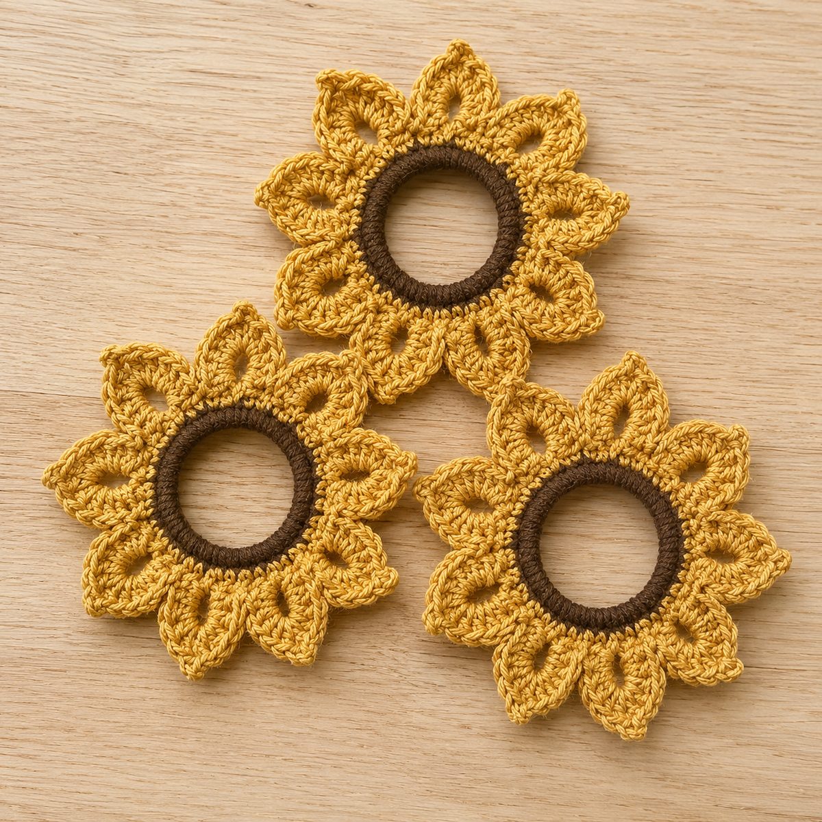 Three crochet sunflower scrunchies with golden petals worked around brown elastic rings on a wooden table