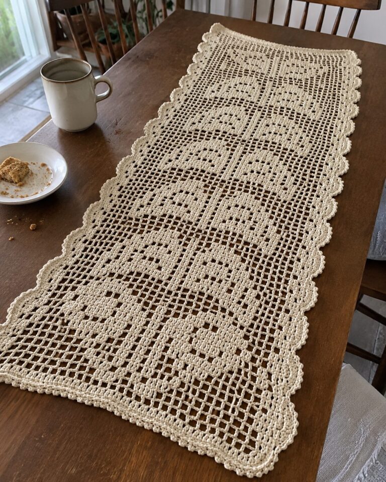 Cream crochet table runner with scalloped edges and filet lace pattern on a wooden dining table beside a mug and small plate